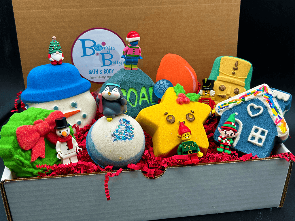 CHRISTMAS Kids Bath Bomb Gift Box with Holiday Themed Bombs - 8 ct - Berwyn Betty's Bath & Body Shop