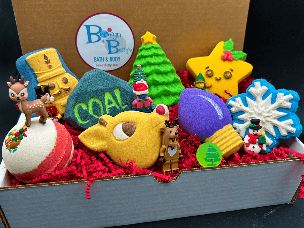 CHRISTMAS Kids Bath Bomb Gift Box with Holiday Themed Bombs - 8 ct - Berwyn Betty's Bath & Body Shop