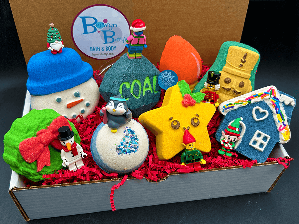 CHRISTMAS Kids Bath Bomb Gift Box with Holiday Themed Bombs - 8 ct - Berwyn Betty's Bath & Body Shop