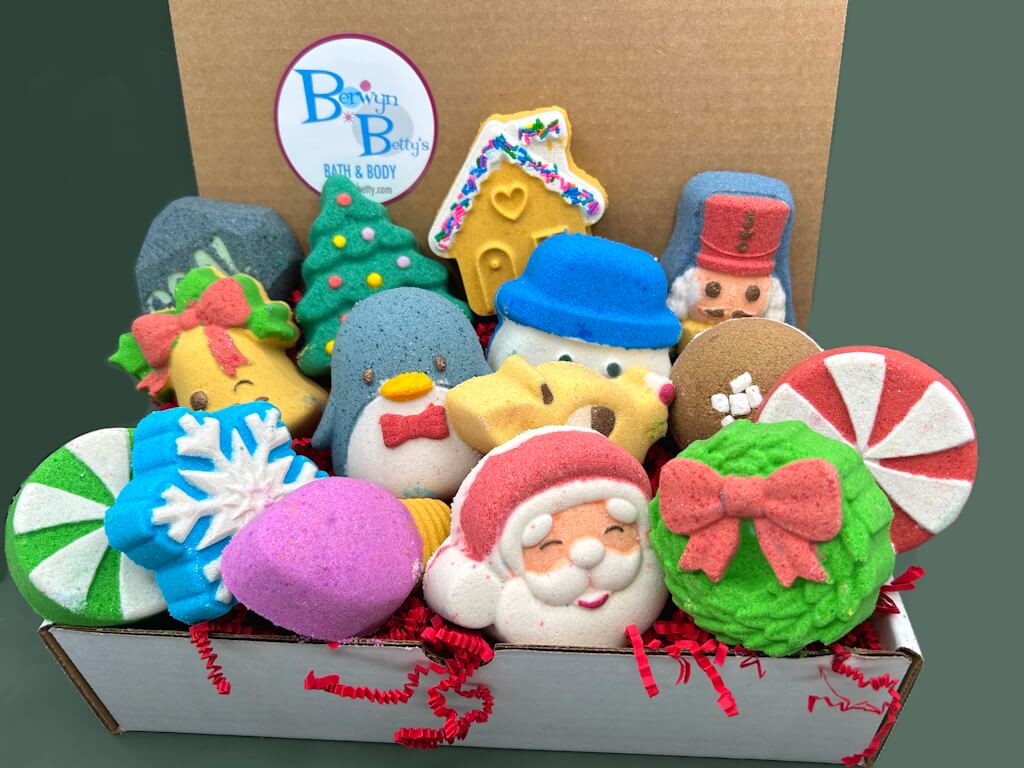 Christmas Kids Bath Bomb Gift Box with Holiday Themed Bombs - 8 ct - Berwyn Betty's Bath & Body Shop