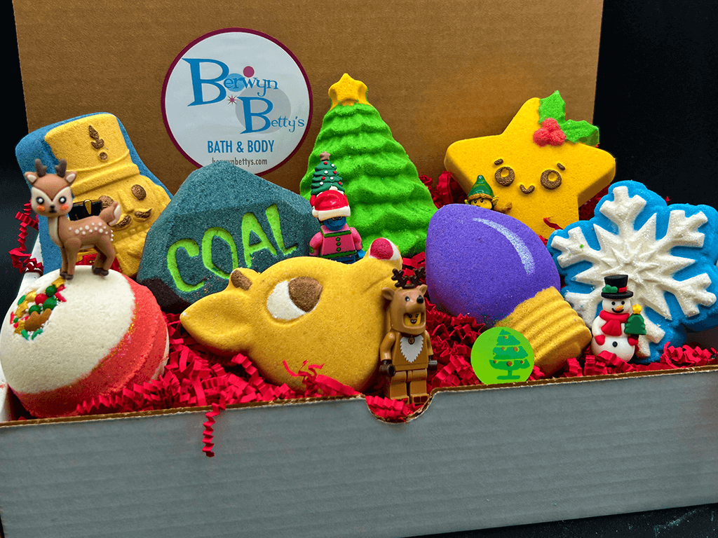 CHRISTMAS Kids Bath Bomb Gift Box with Holiday Themed Bombs - 8 ct - Berwyn Betty's Bath & Body Shop