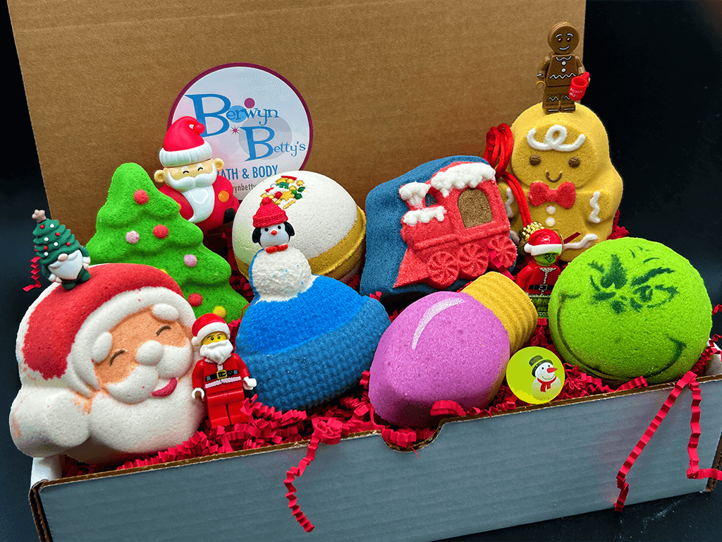 CHRISTMAS Kids Bath Bomb Gift Box with Holiday Themed Bombs - 8 ct - Berwyn Betty's Bath & Body Shop