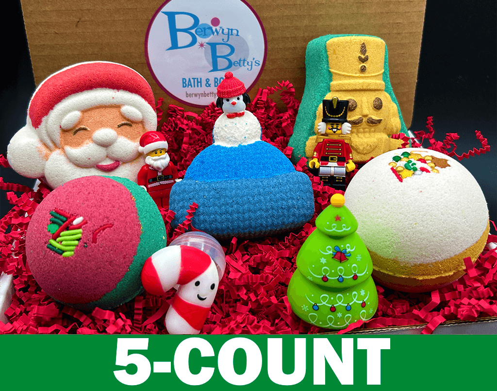 CHRISTMAS Kids Bath Bombs Gift Box with Holiday Themed Bombs - 5 ct - Berwyn Betty's Bath & Body Shop