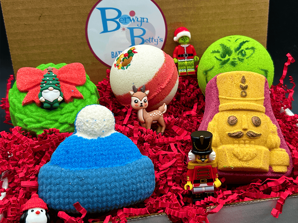 CHRISTMAS Kids Bath Bombs Gift Box with Holiday Themed Bombs - 5 ct - Berwyn Betty's Bath & Body Shop