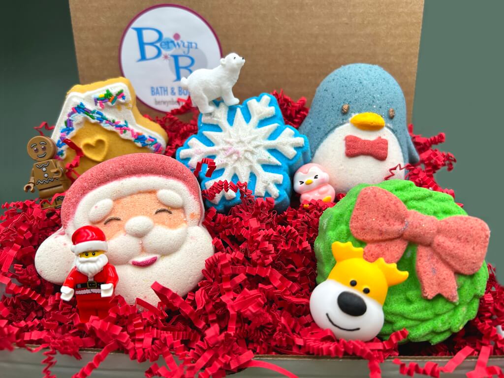 Christmas Kids Bath Bombs Gift Box with Holiday Themed Bombs - 5 ct - Berwyn Betty's Bath & Body Shop