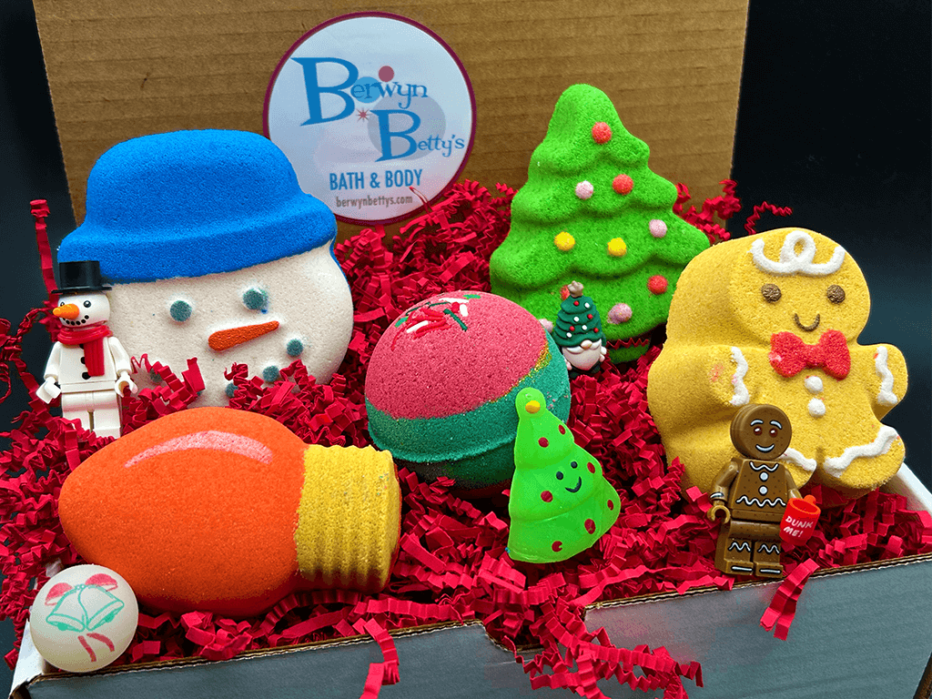 CHRISTMAS Kids Bath Bombs Gift Box with Holiday Themed Bombs - 5 ct - Berwyn Betty's Bath & Body Shop