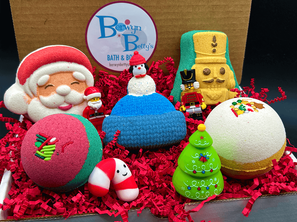 CHRISTMAS Kids Bath Bombs Gift Box with Holiday Themed Bombs - 5 ct - Berwyn Betty's Bath & Body Shop