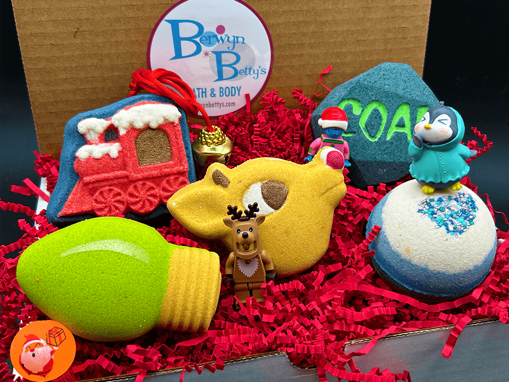 CHRISTMAS Kids Bath Bombs Gift Box with Holiday Themed Bombs - 5 ct - Berwyn Betty's Bath & Body Shop
