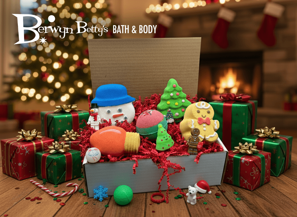 CHRISTMAS Kids Bath Bombs Gift Box with Holiday Themed Bombs - 5 ct - Berwyn Betty's Bath & Body Shop