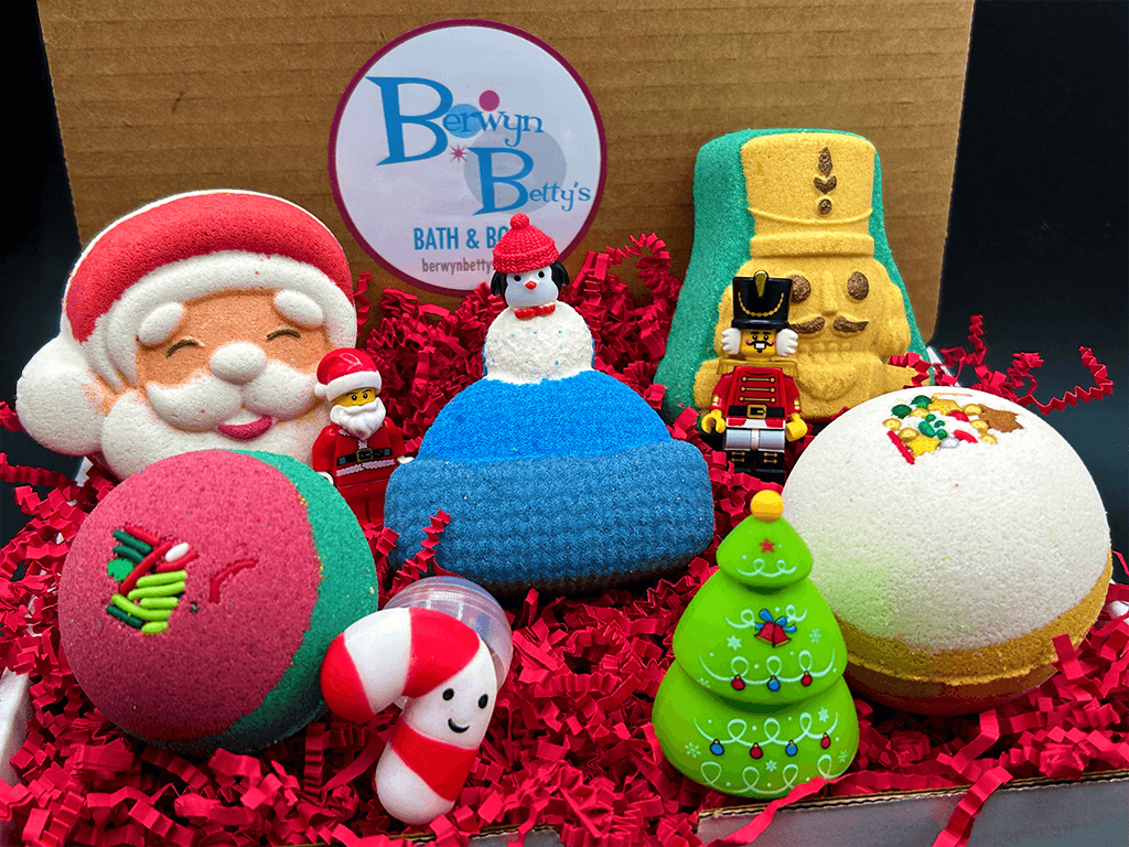 CHRISTMAS Kids Bath Bombs Gift Box with Holiday Themed Bombs - 5 ct - Berwyn Betty's Bath & Body Shop