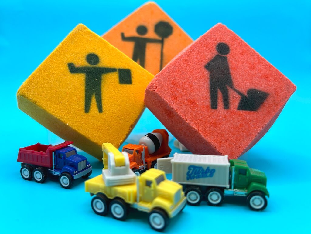 Construction Sign Kids Bath Bomb with Construction Truck Toy Inside - Berwyn Betty's Bath & Body Shop