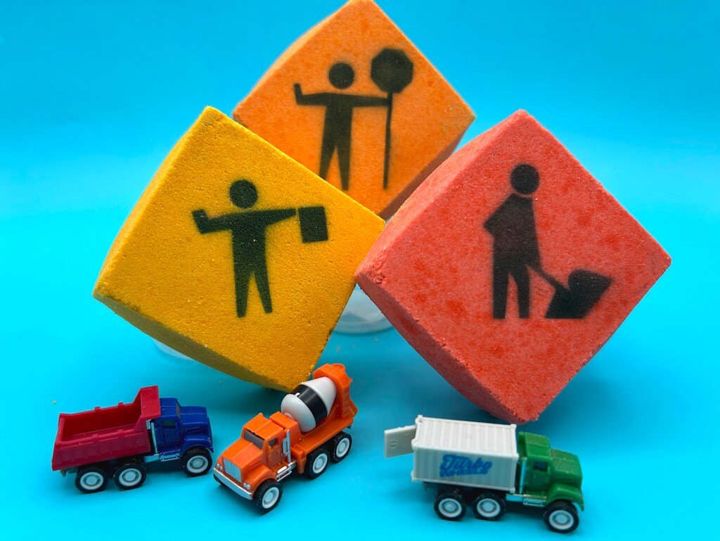 Construction Sign Kids Bath Bomb with Construction Truck Toy Inside - Berwyn Betty's Bath & Body Shop