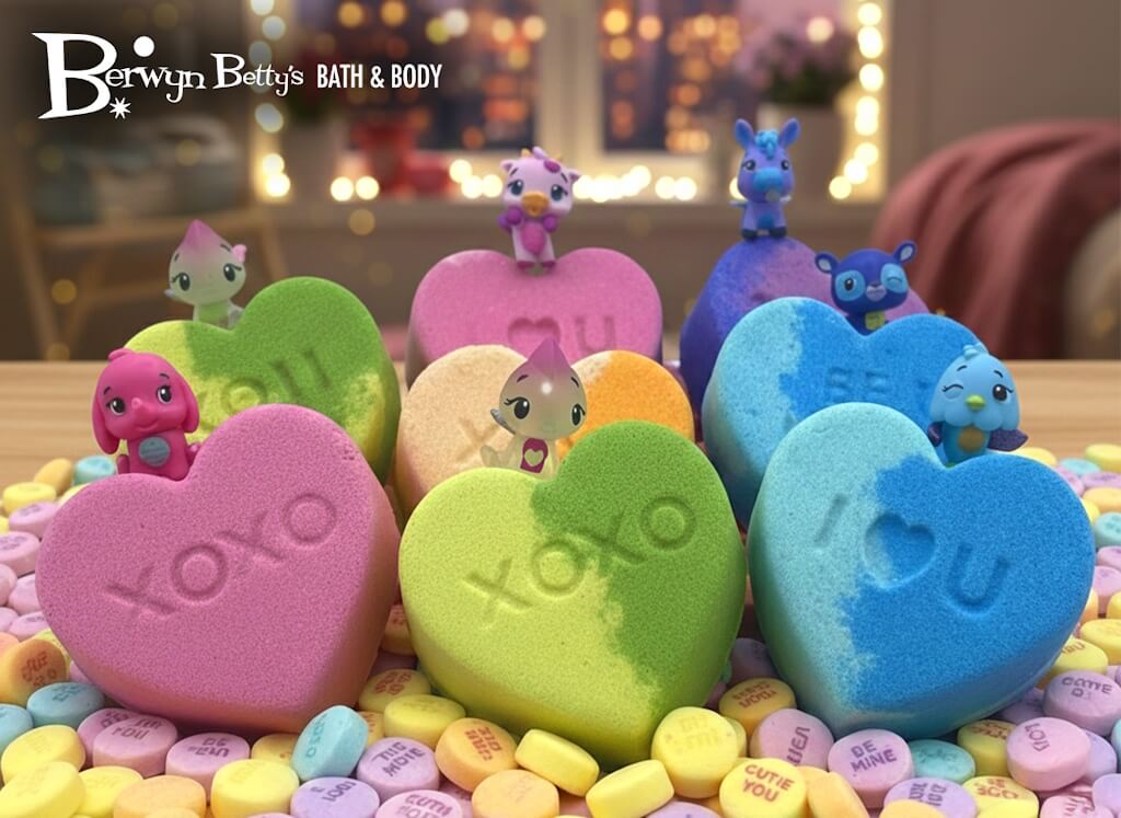 CONVERSATION HEARTS Kids Bath Bomb Gift Box with Cute Creature Mini Figure Toys Inside - 6 ct - Berwyn Betty's Bath & Body Shop