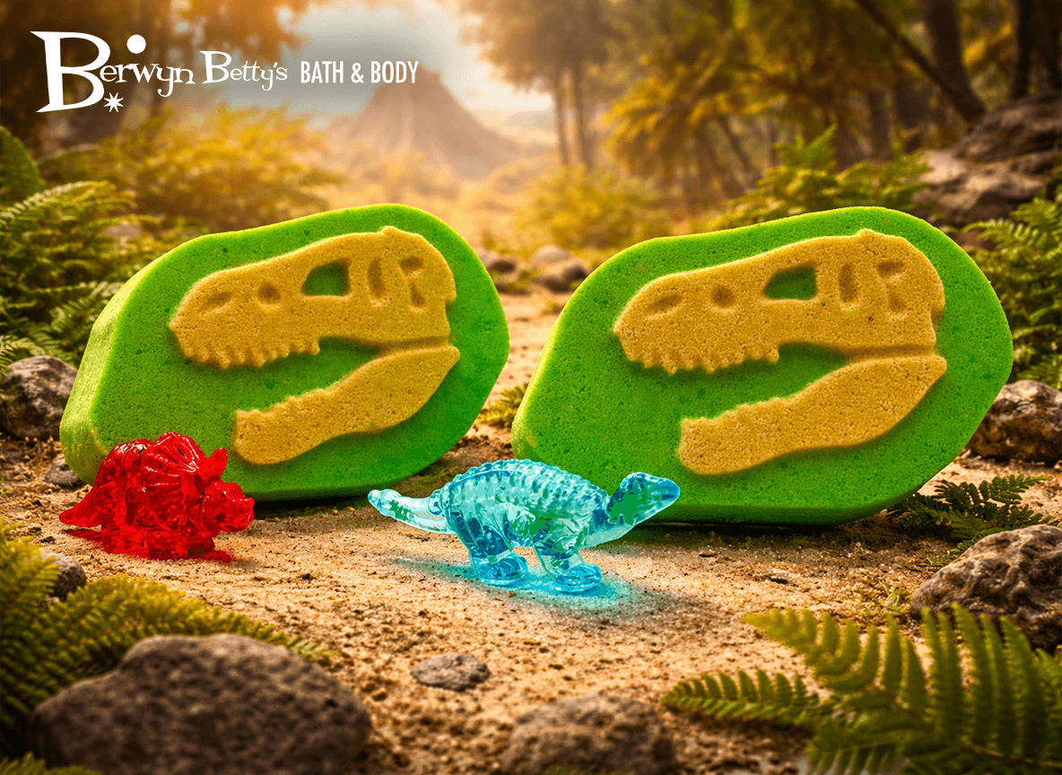 Dinosaur Fossil Kids Bath Bomb with Crystal Dinosaur Figure Inside - Berwyn Betty's Bath & Body Shop