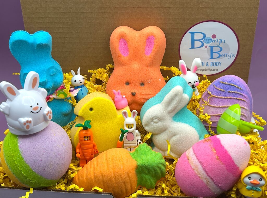 Easter Kids Bath Bombs Collection Box with Holiday Themed Toys Inside - 8 ct - Berwyn Betty's Bath & Body Shop