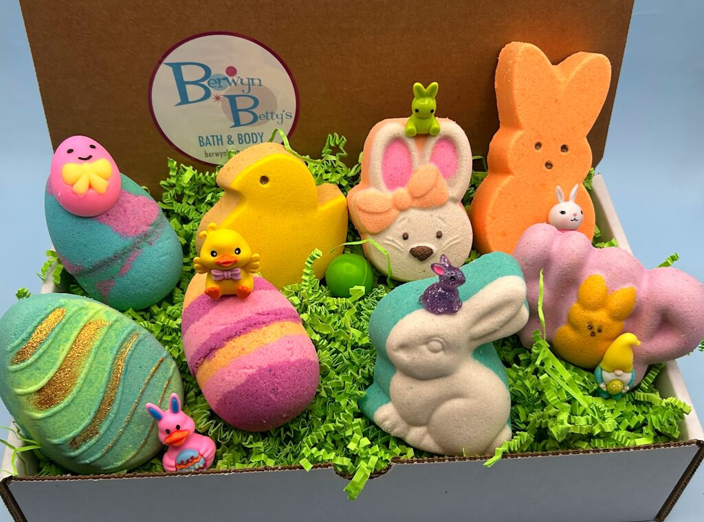 Easter Kids Bath Bombs Collection Box with Holiday Themed Toys Inside - 8 ct - Berwyn Betty's Bath & Body Shop