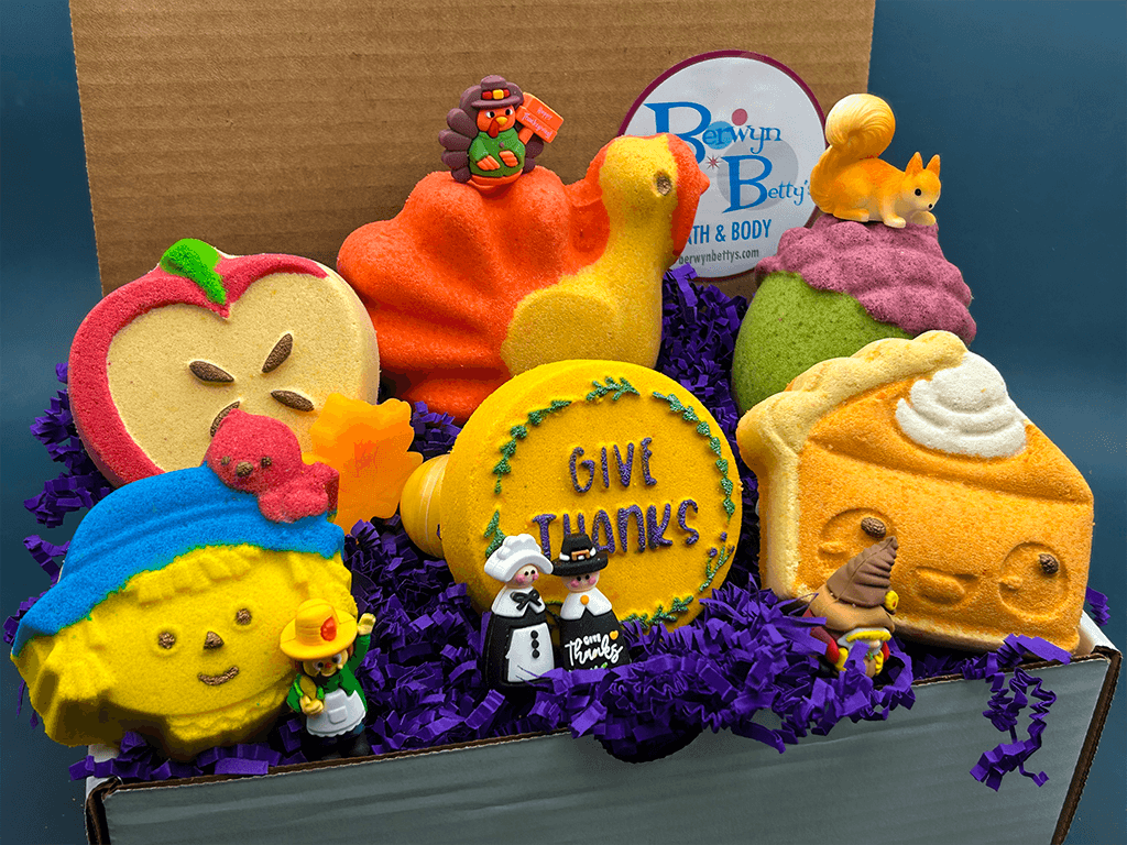 FALL Bath Bombs Gift Box for Kids - 6 Count with Surprise Holiday Themed Toys Inside - Berwyn Betty's Bath & Body Shop