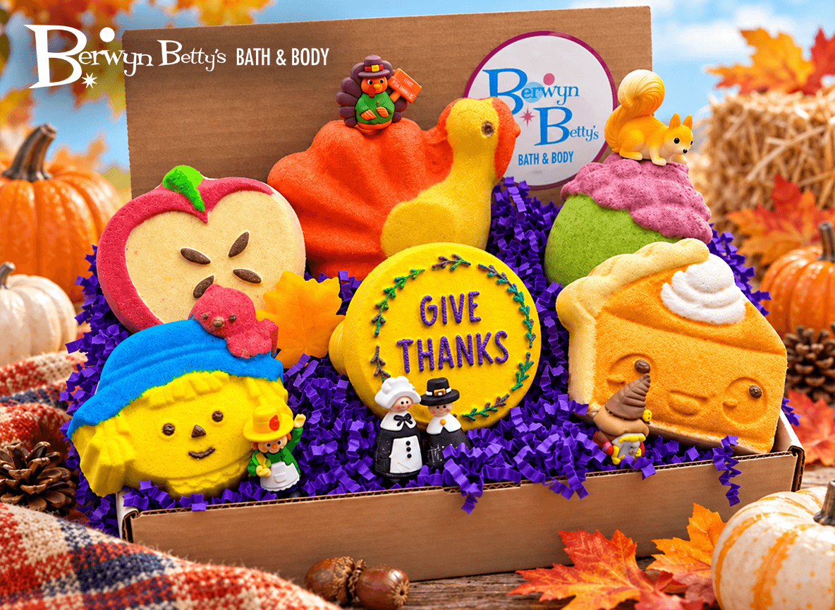 FALL Bath Bombs Gift Box for Kids - 6 Count with Surprise Holiday Themed Toys Inside - Berwyn Betty's Bath & Body Shop