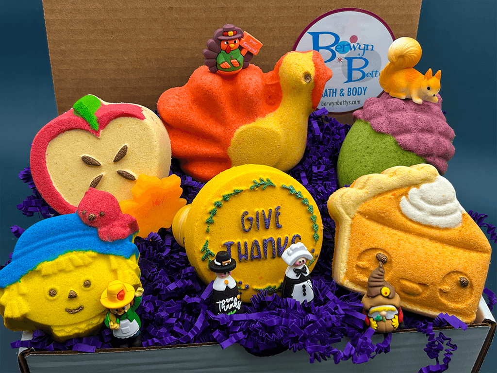 FALL Bath Bombs Gift Box for Kids - 6 Count with Surprise Holiday Themed Toys Inside - Berwyn Betty's Bath & Body Shop
