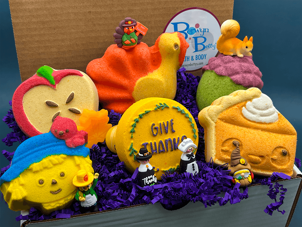 FALL Bath Bombs Gift Box for Kids - 6 Count with Surprise Holiday Themed Toys Inside - Berwyn Betty's Bath & Body Shop