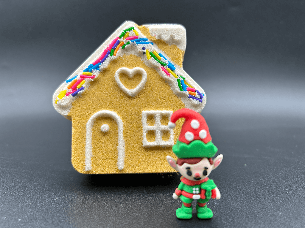 Gingerbread House Kids Bath Bomb with Elf Inside - Berwyn Betty's Bath & Body Shop