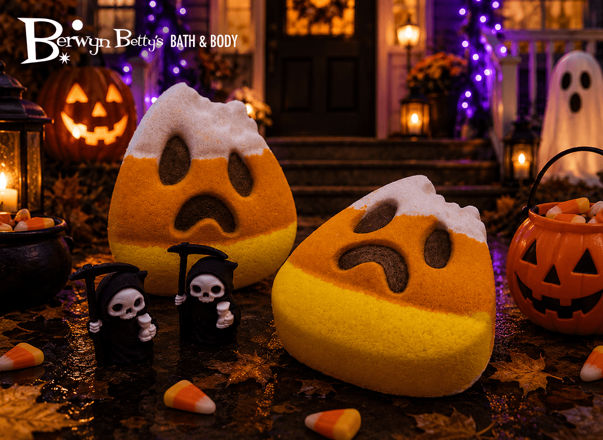 Halloween Bitten Candy Corn Bath Bomb for Kids with Grim Reaper Toy Inside - Berwyn Betty's Bath & Body Shop