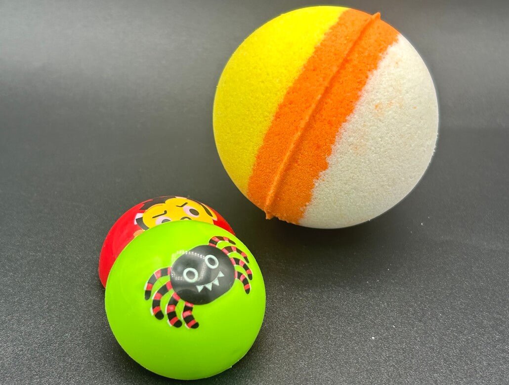 🍬 Halloween Candy Corn Kids Bath Bomb with Halloween Pullback Racer Toy Inside! - Berwyn Betty's Bath & Body Shop