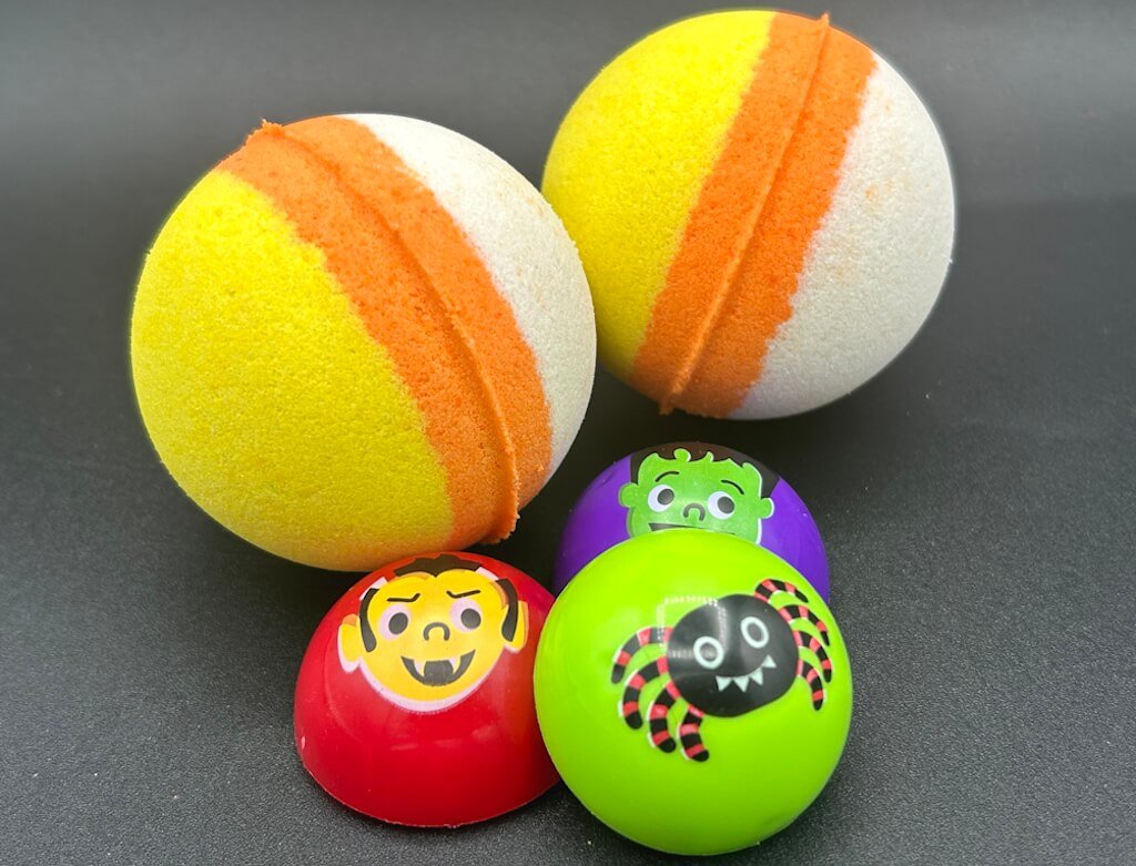 🍬 Halloween Candy Corn Kids Bath Bomb with Halloween Pullback Racer Toy Inside! - Berwyn Betty's Bath & Body Shop