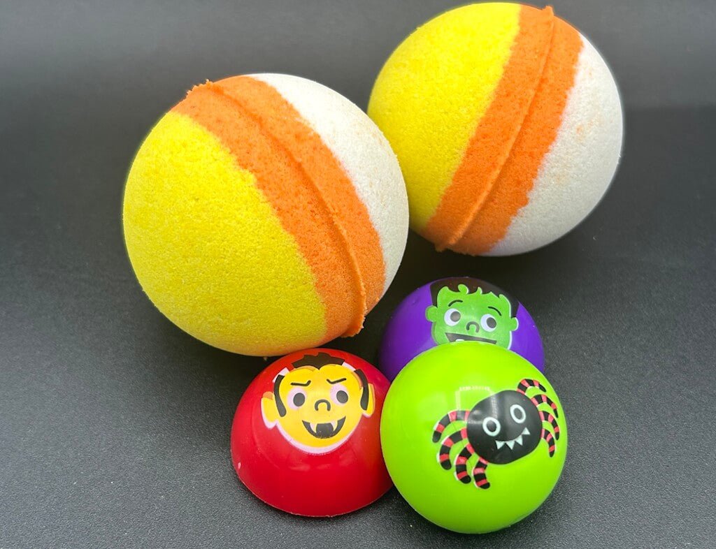 🍬 Halloween Candy Corn Kids Bath Bomb with Halloween Pullback Racer Toy Inside! - Berwyn Betty's Bath & Body Shop