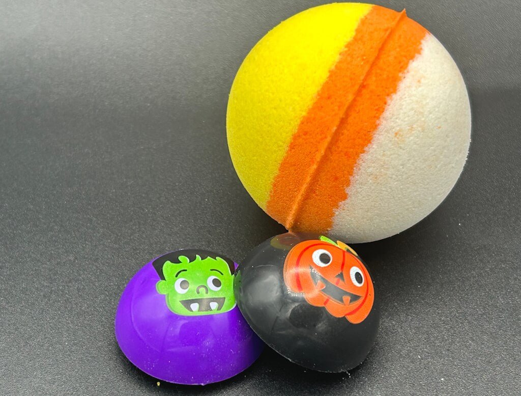 🍬 Halloween Candy Corn Kids Bath Bomb with Halloween Pullback Racer Toy Inside! - Berwyn Betty's Bath & Body Shop