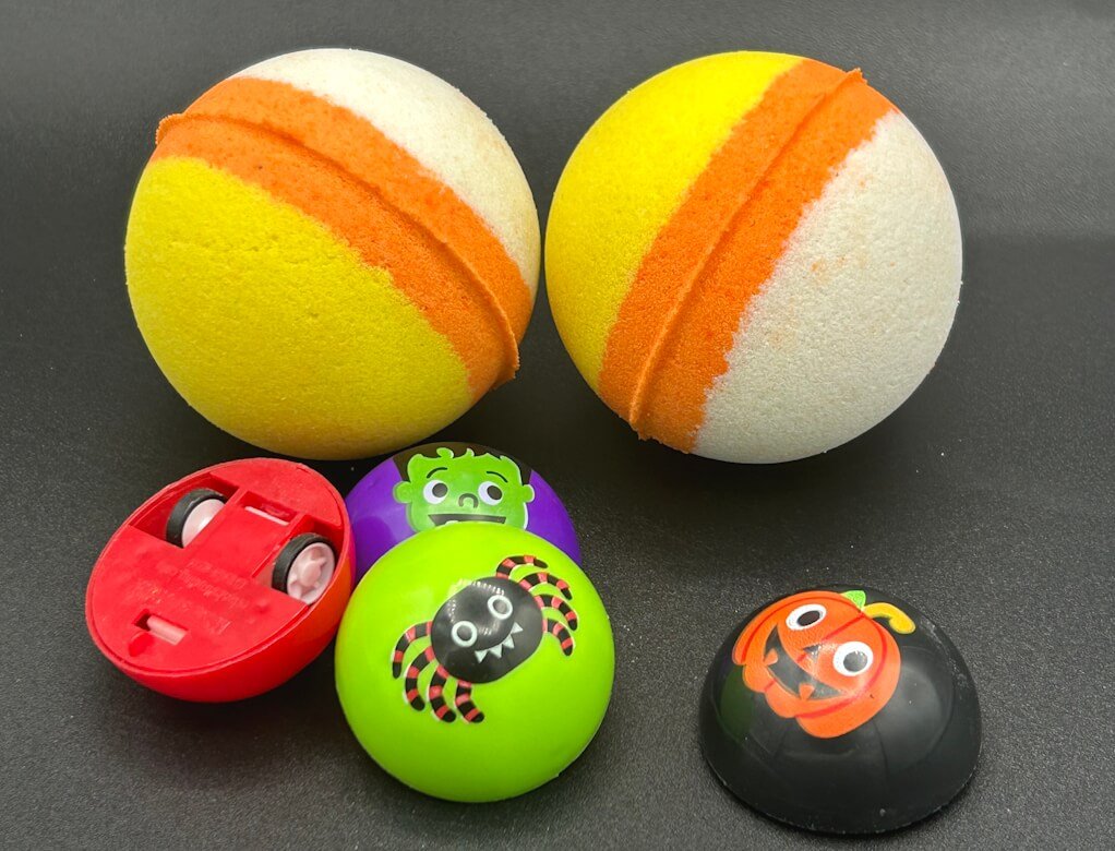 🍬 Halloween Candy Corn Kids Bath Bomb with Halloween Pullback Racer Toy Inside! - Berwyn Betty's Bath & Body Shop