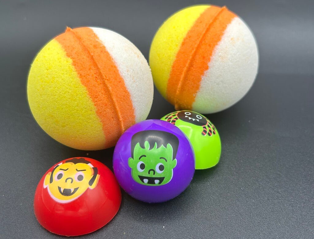 🍬 Halloween Candy Corn Kids Bath Bomb with Halloween Pullback Racer Toy Inside! - Berwyn Betty's Bath & Body Shop