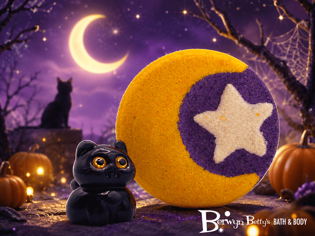 Halloween Crescent Moon Bath Bomb for Kids with Surprise Black Cat Toy Inside - Berwyn Betty's Bath & Body Shop