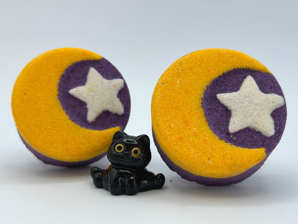 🌙 Halloween Crescent Moon Kids Bath Bomb with Black Cat Toy Inside - Berwyn Betty's Bath & Body Shop