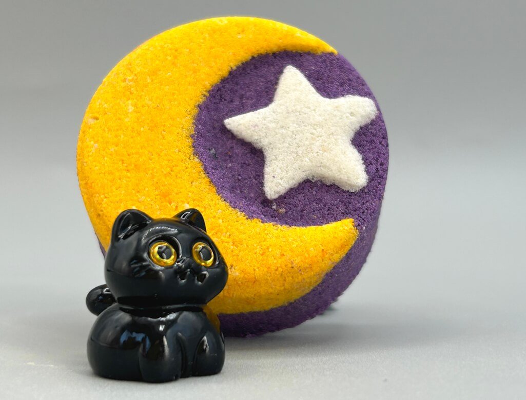 🌙 Halloween Crescent Moon Kids Bath Bomb with Black Cat Toy Inside - Berwyn Betty's Bath & Body Shop
