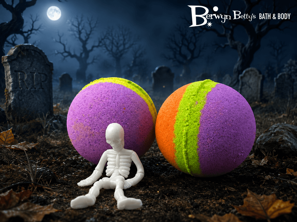 Halloween Striped Bath Bomb for Kids with Surprise Stretchy Skeleton Toy Inside - Berwyn Betty's Bath & Body Shop
