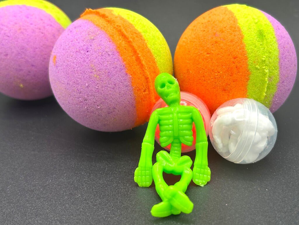 💀 Halloween Striped Kids Bath Bomb with Stretchy Skeleton Inside - Berwyn Betty's Bath & Body Shop