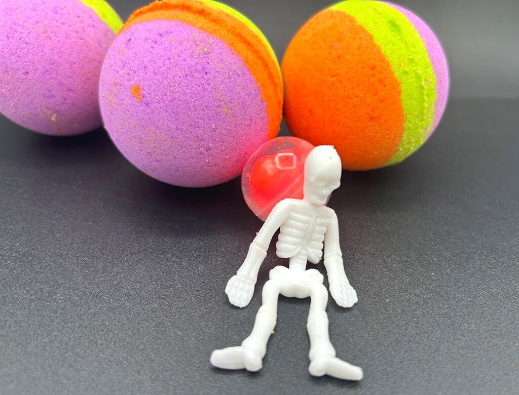 💀 Halloween Striped Kids Bath Bomb with Stretchy Skeleton Inside - Berwyn Betty's Bath & Body Shop