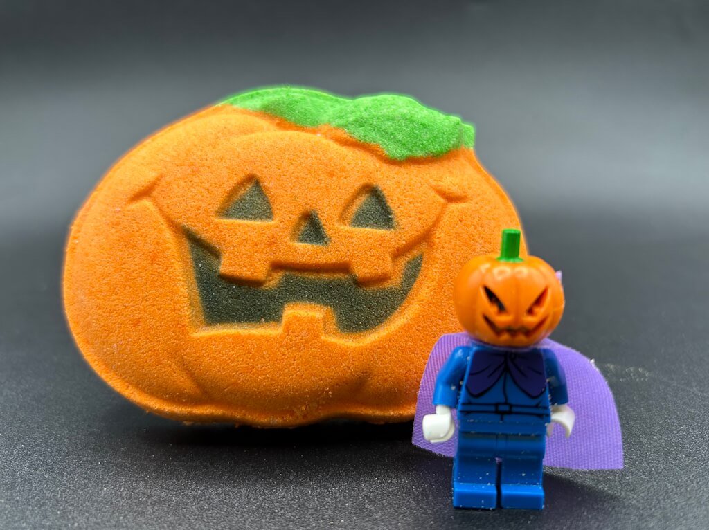 Happy Pumpkin Kids Bath Bomb with Halloween Pumpkinhead Minifigure Inside - Berwyn Betty's Bath & Body Shop