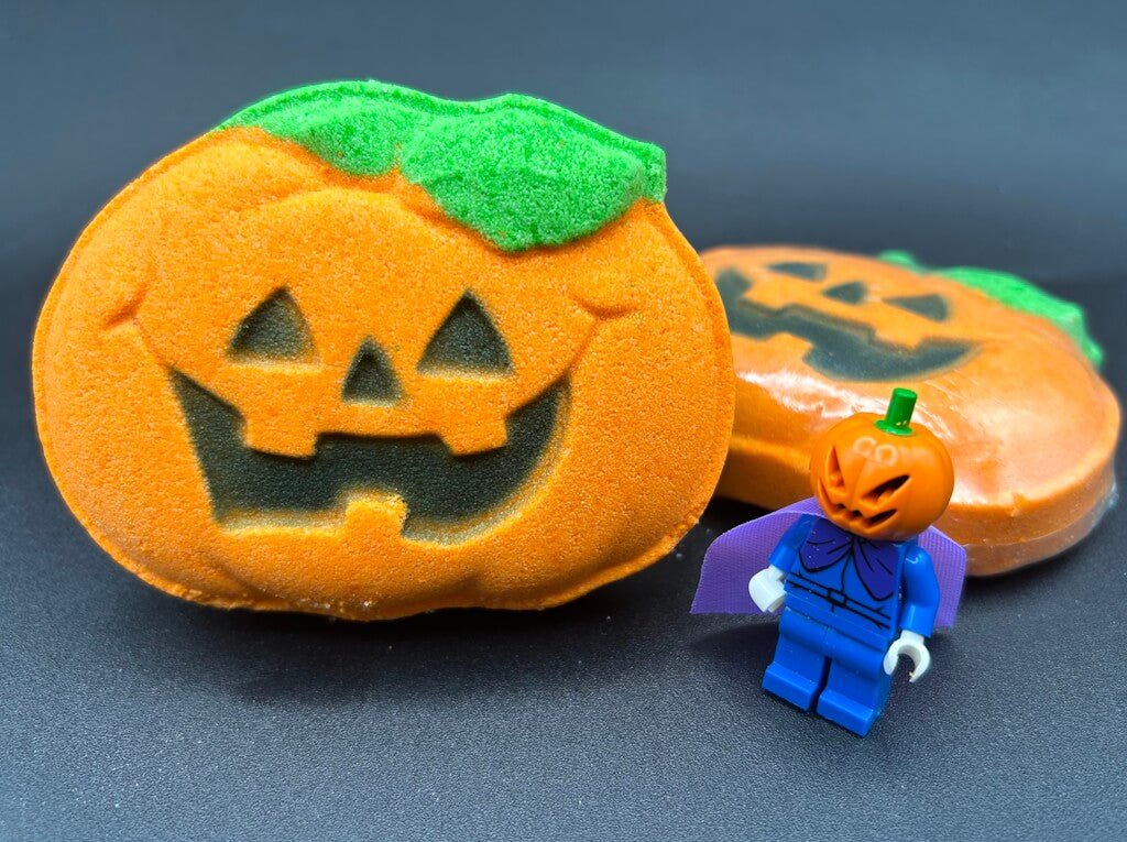 Happy Pumpkin Kids Bath Bomb with Halloween Pumpkinhead Minifigure Inside - Berwyn Betty's Bath & Body Shop