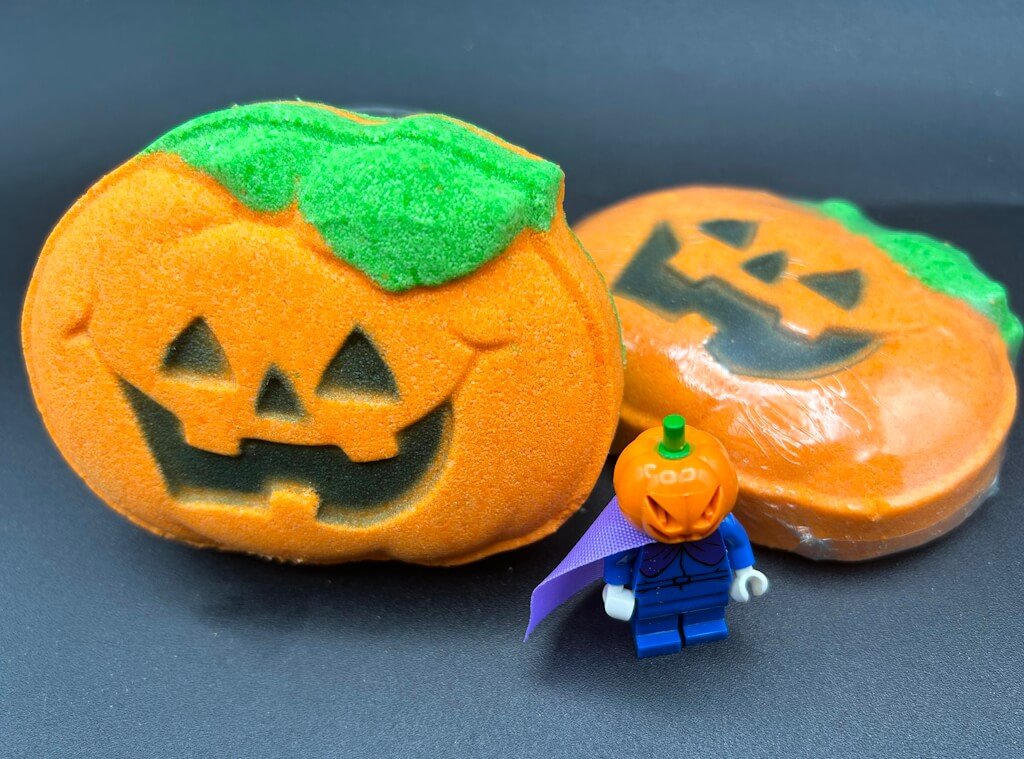 Happy Pumpkin Kids Bath Bomb with Halloween Pumpkinhead Minifigure Inside - Berwyn Betty's Bath & Body Shop