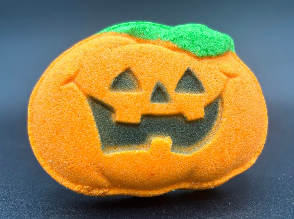 Happy Pumpkin Kids Bath Bomb with Halloween Pumpkinhead Minifigure Inside - Berwyn Betty's Bath & Body Shop