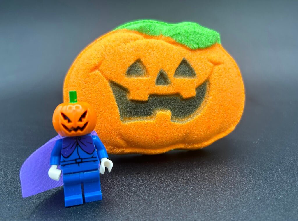 Happy Pumpkin Kids Bath Bomb with Halloween Pumpkinhead Minifigure Inside - Berwyn Betty's Bath & Body Shop