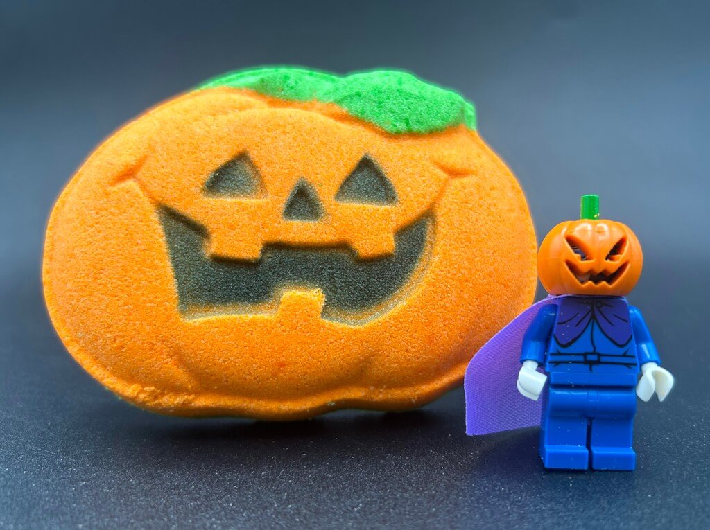 Happy Pumpkin Kids Bath Bomb with Halloween Pumpkinhead Minifigure Inside - Berwyn Betty's Bath & Body Shop