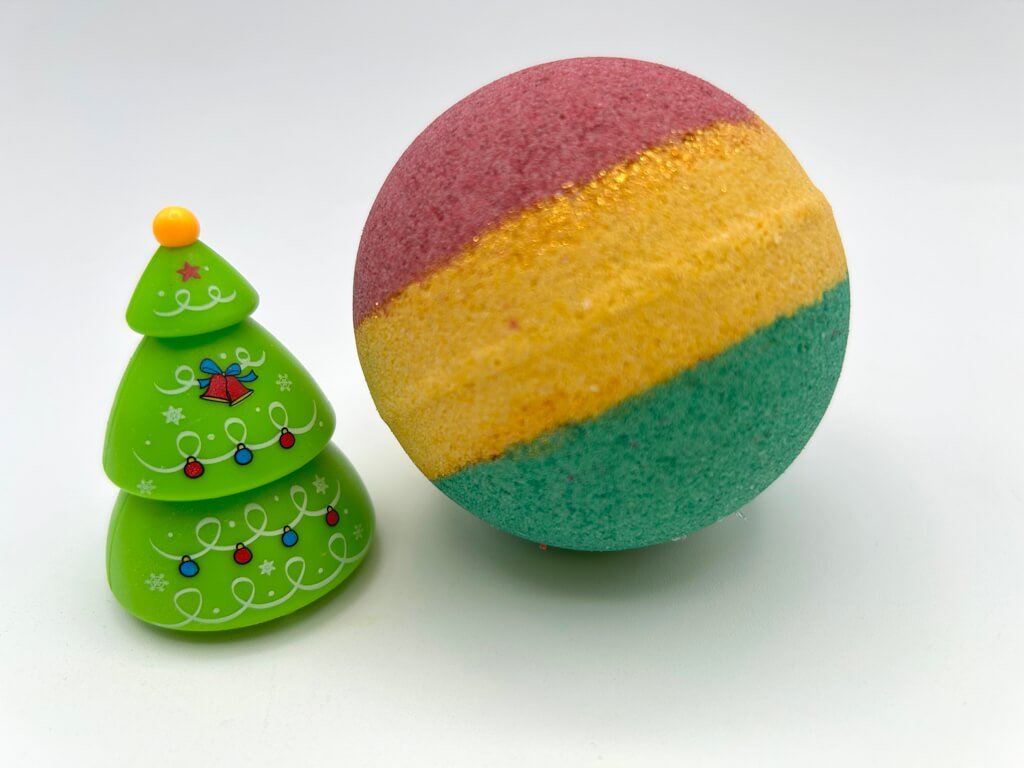 Holiday Kids Bath Bomb with Holiday Figure Pullback Racer Inside - Maroon/Gold/Green - Berwyn Betty's Bath & Body Shop