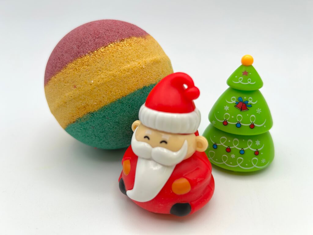 Holiday Kids Bath Bomb with Holiday Figure Pullback Racer Inside - Maroon/Gold/Green - Berwyn Betty's Bath & Body Shop