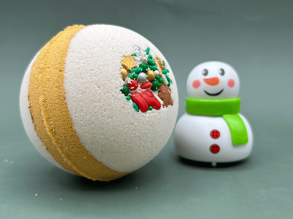 Holiday Kids Bath Bomb with Holiday Figure Pullback Racer Inside - White/Gold - Berwyn Betty's Bath & Body Shop