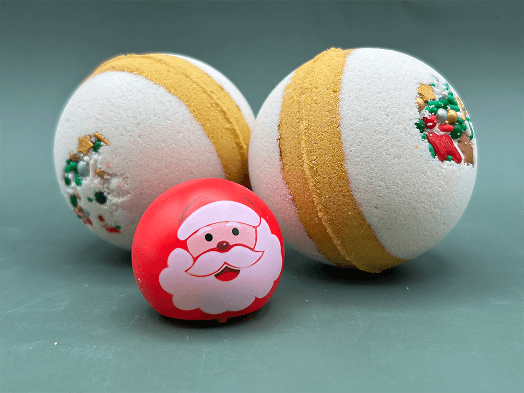 Holiday Kids Bath Bomb with Holiday Figure Pullback Racer Inside - White/Gold - Berwyn Betty's Bath & Body Shop