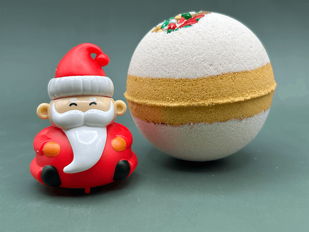 Holiday Kids Bath Bomb with Holiday Figure Pullback Racer Inside - White/Gold - Berwyn Betty's Bath & Body Shop