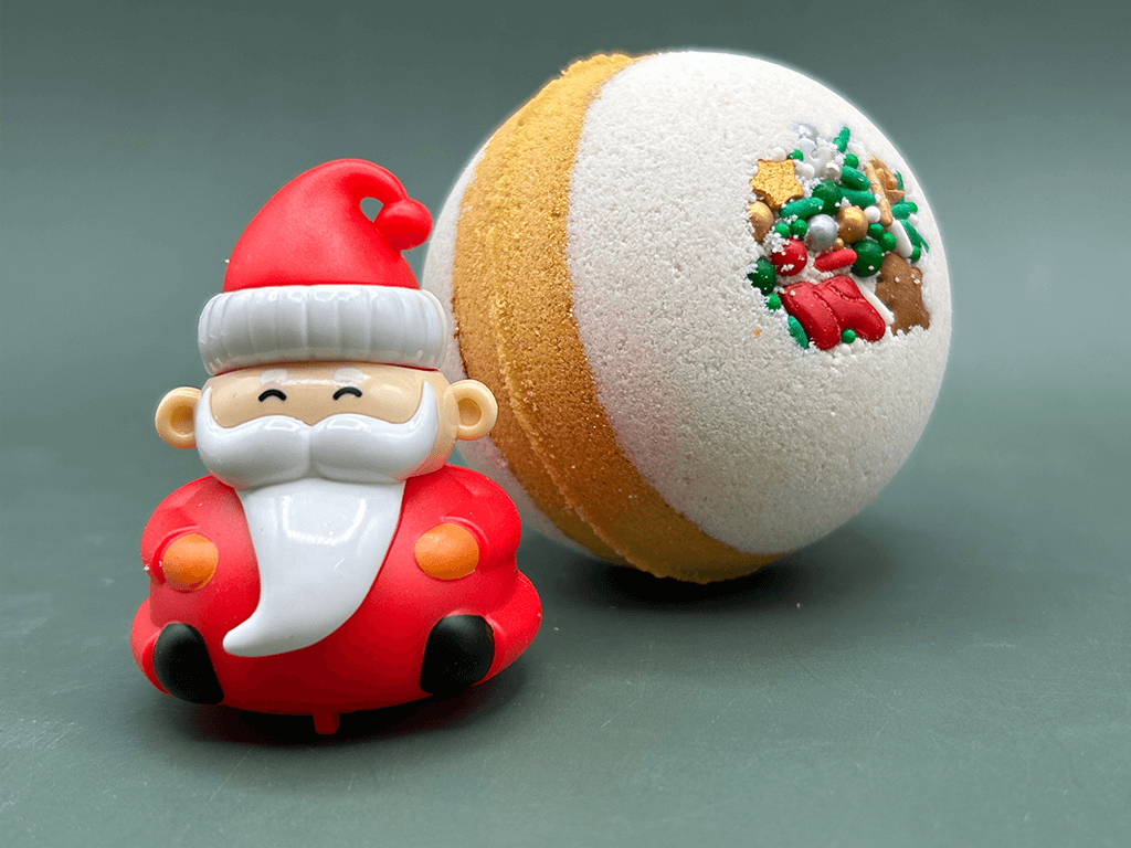 Holiday Kids Bath Bomb with Holiday Figure Pullback Racer Inside - White/Gold - Berwyn Betty's Bath & Body Shop